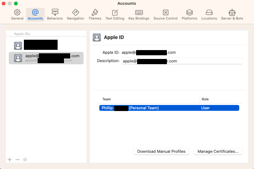 Apple accounts in Xcode